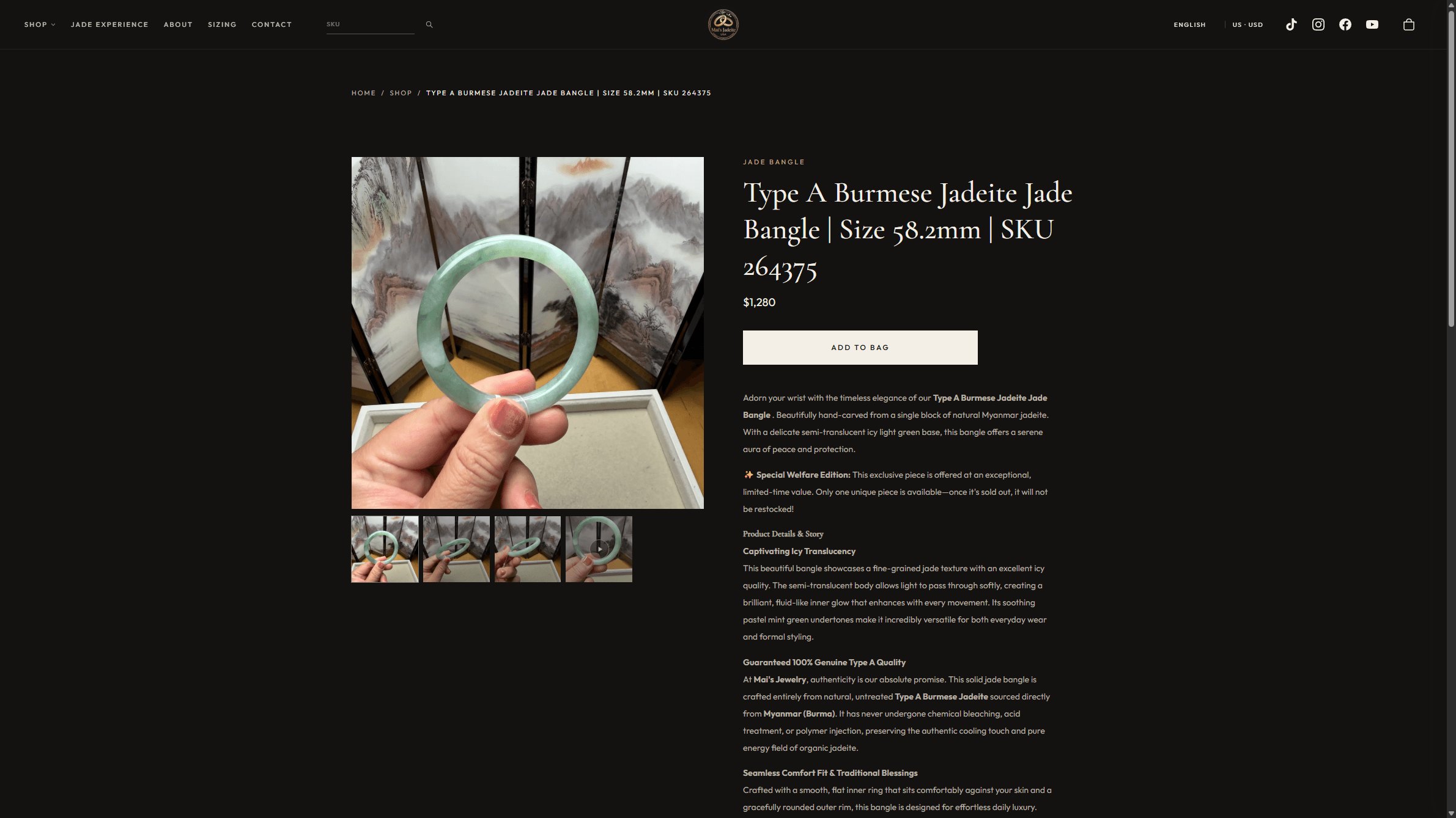 Mai’s Jewelry product page for a one-of-one 58.2mm Type A Burmese jadeite bangle