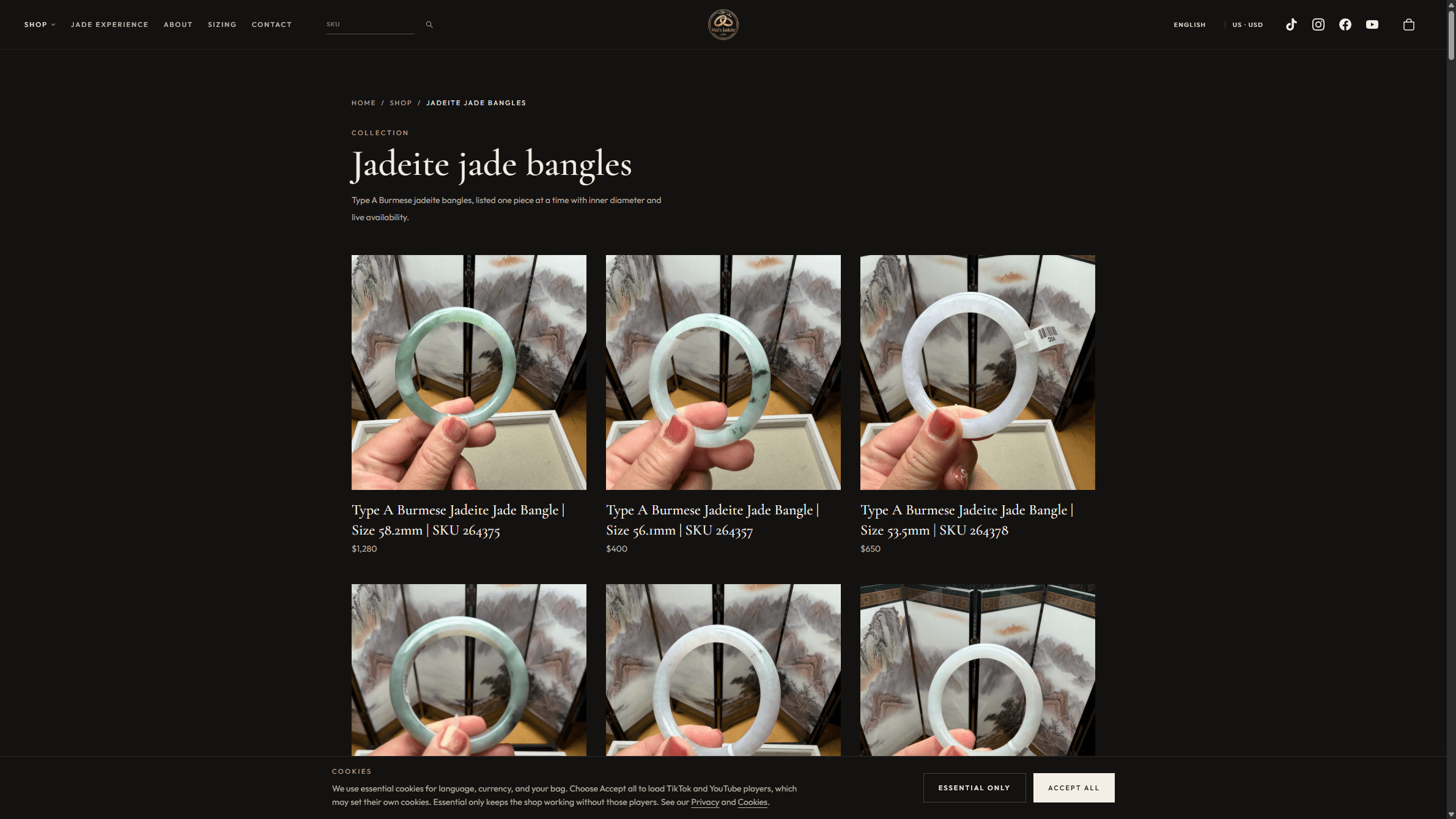 Mai’s Jewelry shop listing of Type A jadeite bangles with inner diameter and SKU