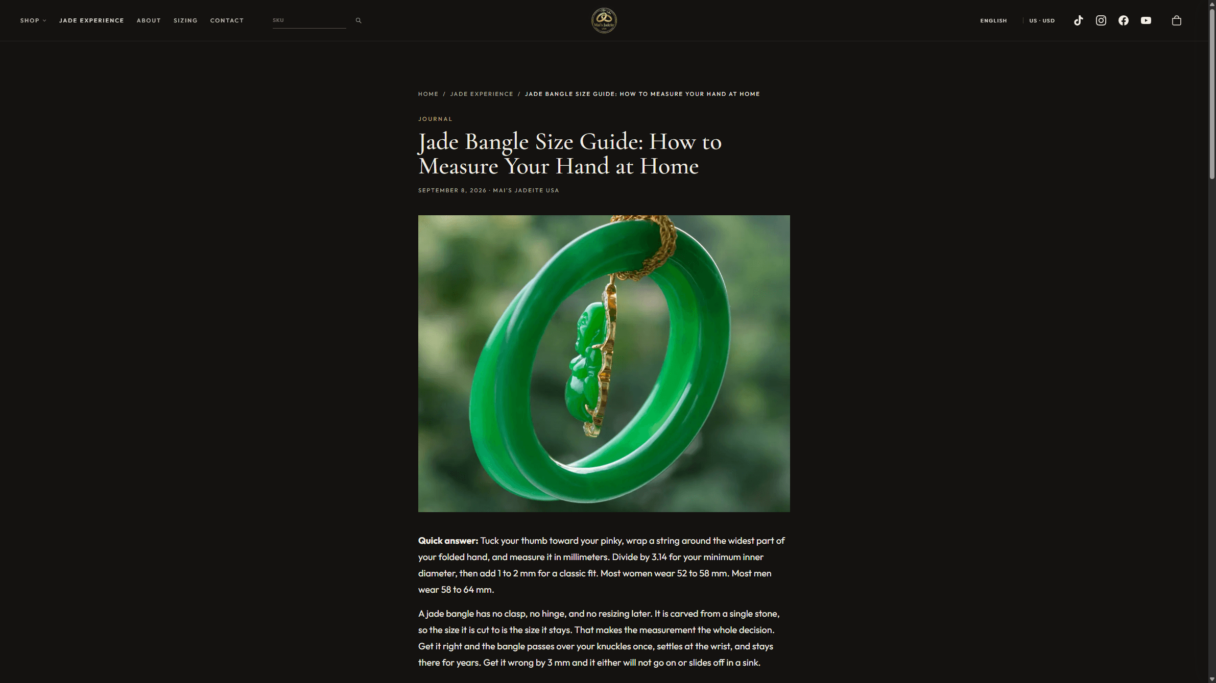 Mai’s Jewelry jade bangle size guide explaining how to measure your hand at home