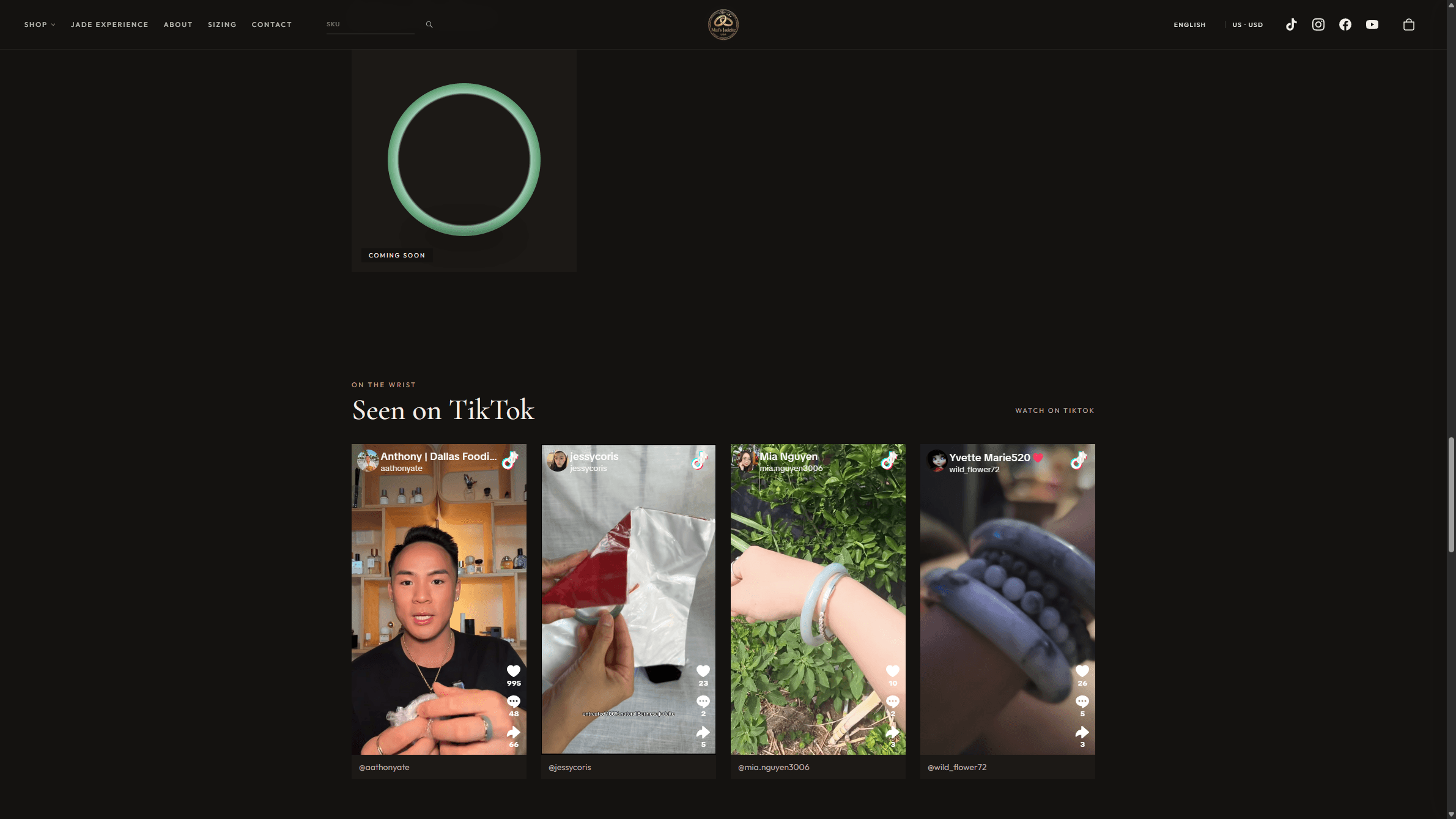 Mai’s Jewelry homepage Seen on TikTok strip with on-wrist customer videos